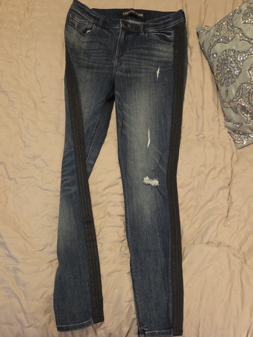 Express Women’s Dark Blue Skinny Jeans with Black Braided Side Panels